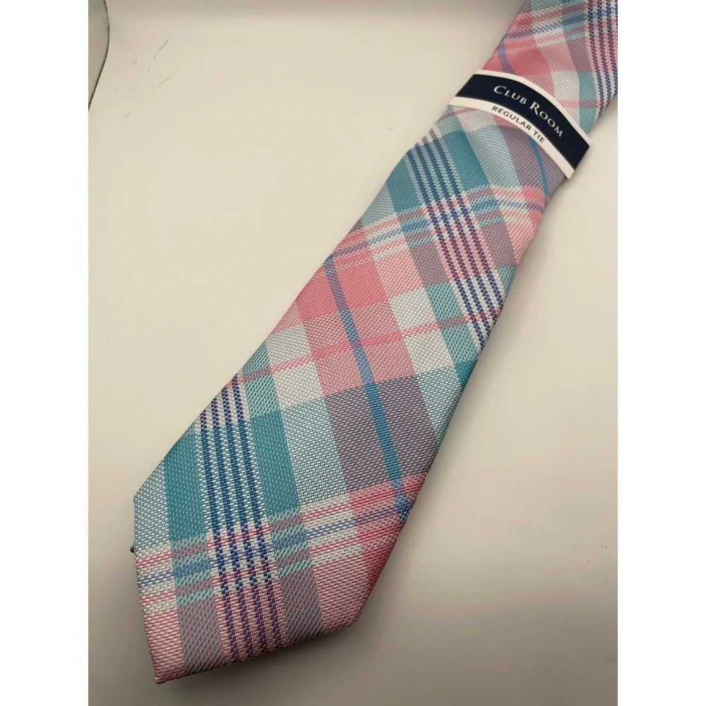 Club Room Mens Austine Plaid Regular Tie Powder Pink Teal White Woven Necktie